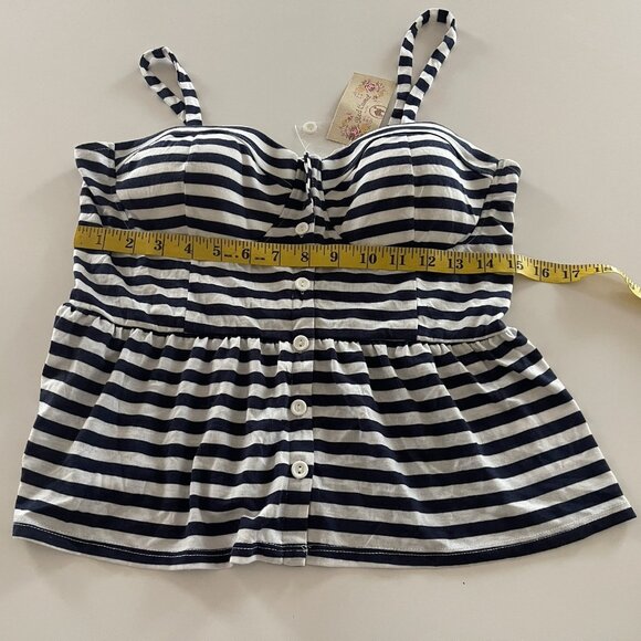 Red Camel Tank Top Large Spaghetti Straps Shirred Striped Navy White Baby Doll - Picture 6 of 12